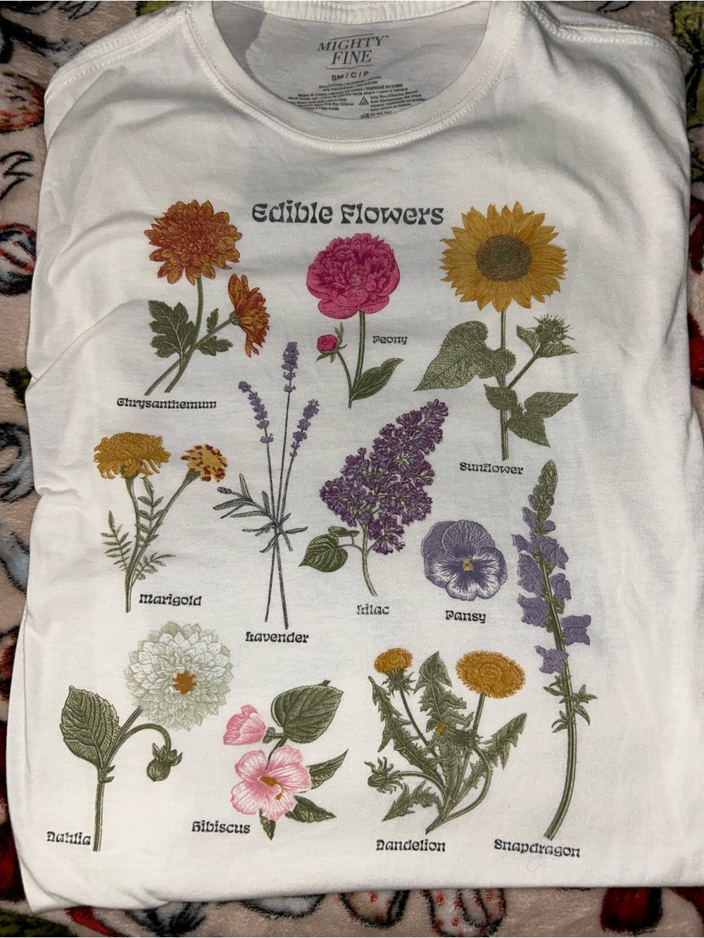 Mighty Fine White Short Sleeve Tee with Colorful Edible Flower Print - Picture 4 of 4